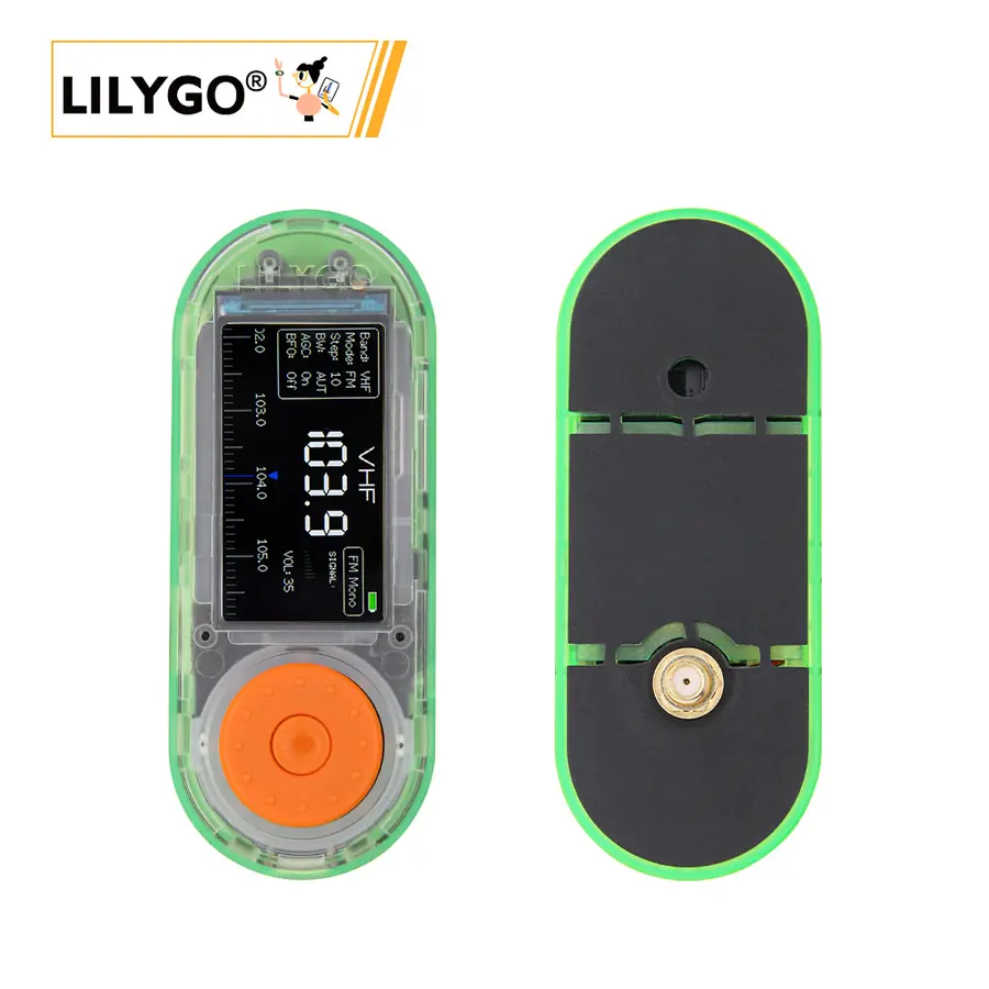 LILYGO T-Embed SI4732: front showing the 320x170 display tuned to 103.9 MHz with the orange rotary encoder below, and the back with its SMA antenna connector.