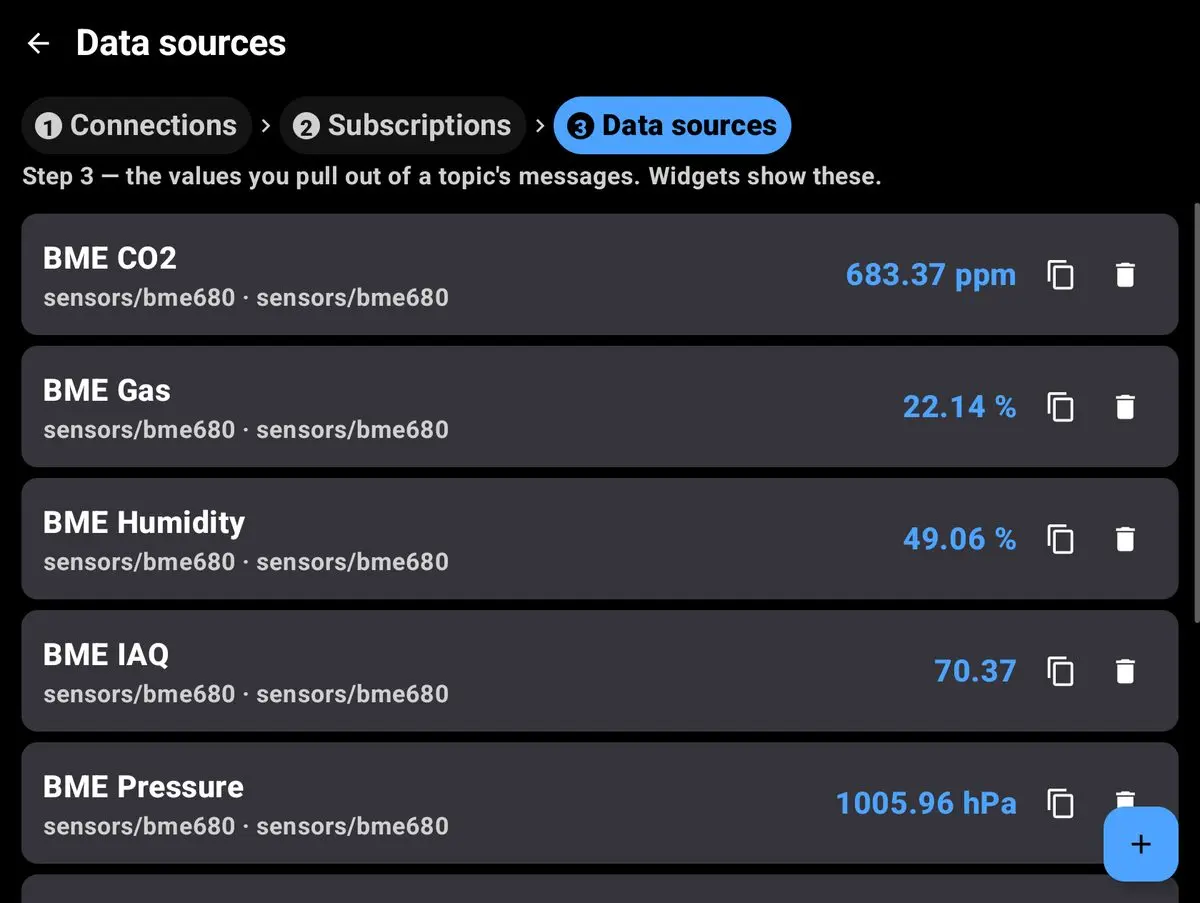 The data source list showing named values with their live readings.
