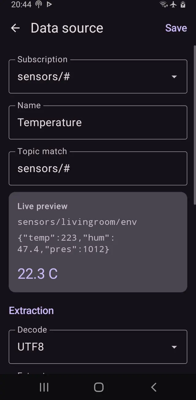The data source editor showing a raw MQTT payload and the extracted value, 22.3 C, updating beneath it.