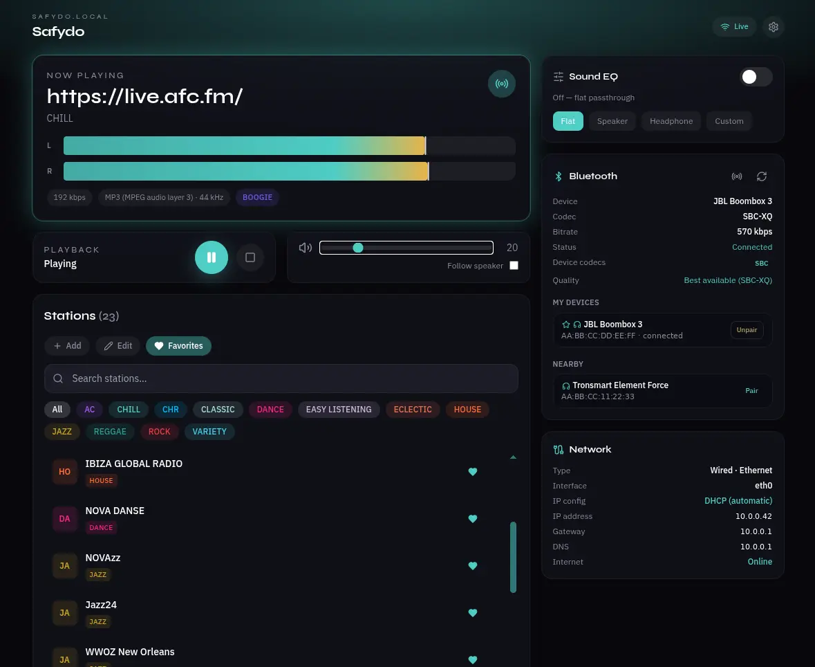 The SAFYDO web interface: now playing with a stereo VU meter, a filterable station list, and panels for the equaliser, Bluetooth device and network status.