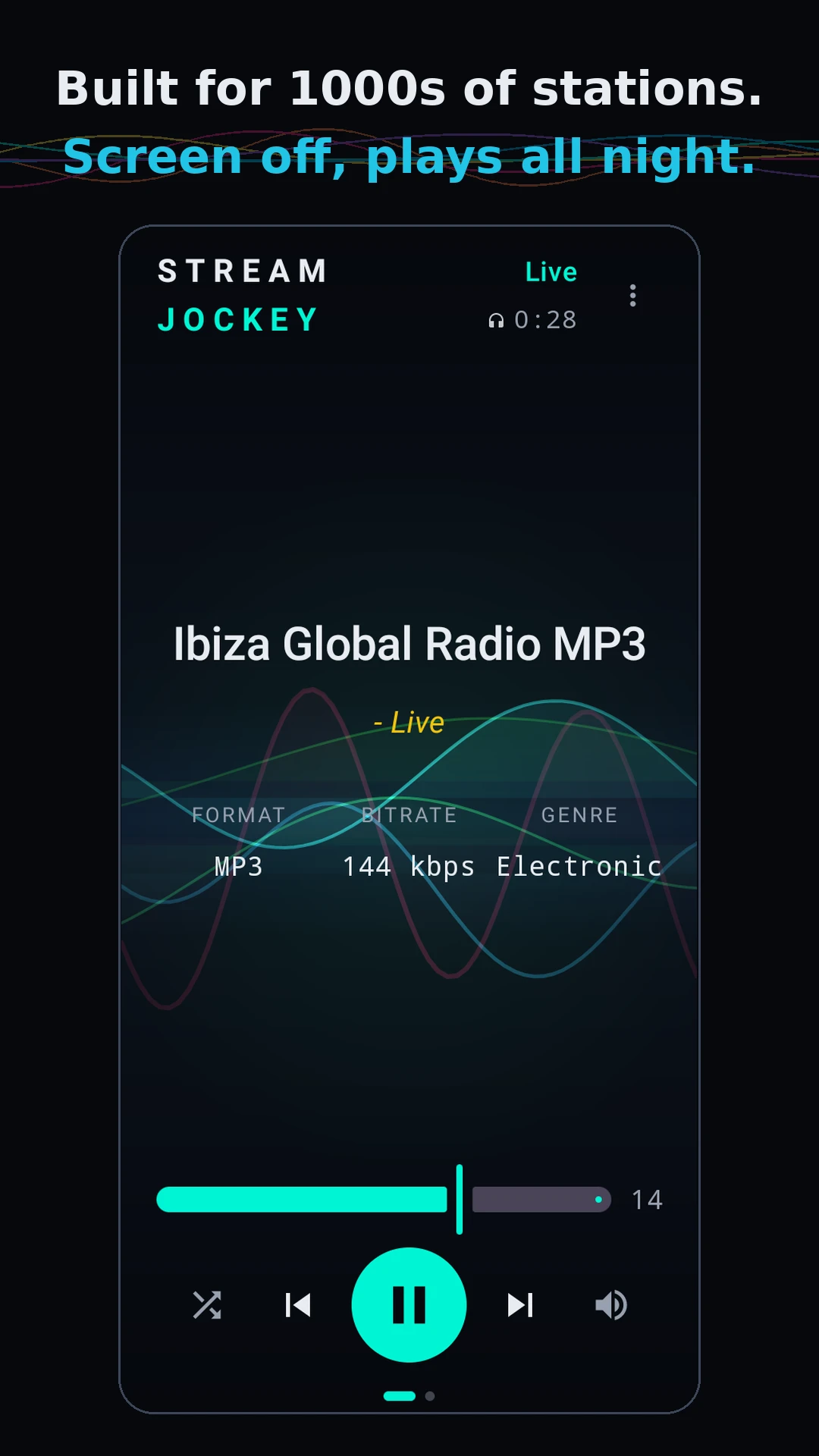 Player with Ibiza Global Radio, live metadata and the electronic teal theme