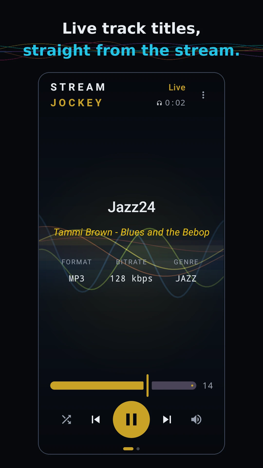 Jazz24 playing with live track title and the gold jazz theme