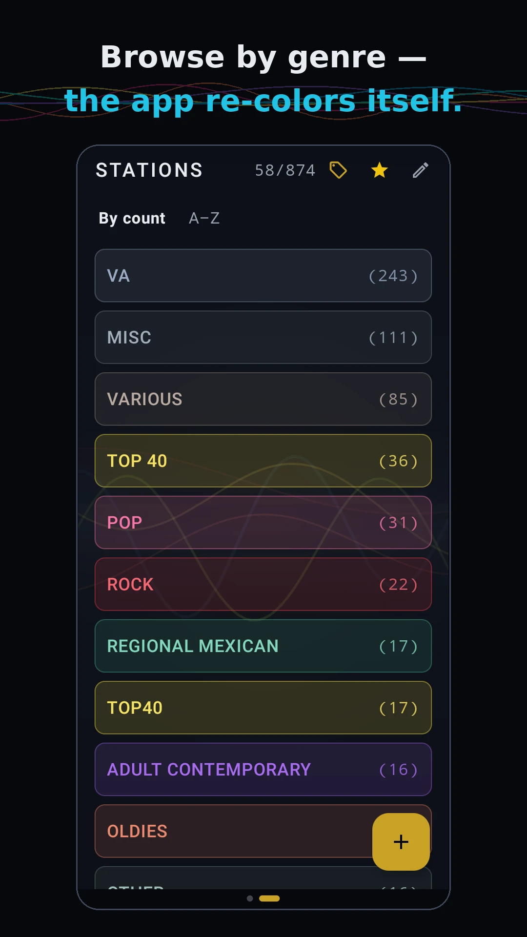 Genre browser with colorful genre tags and station counts