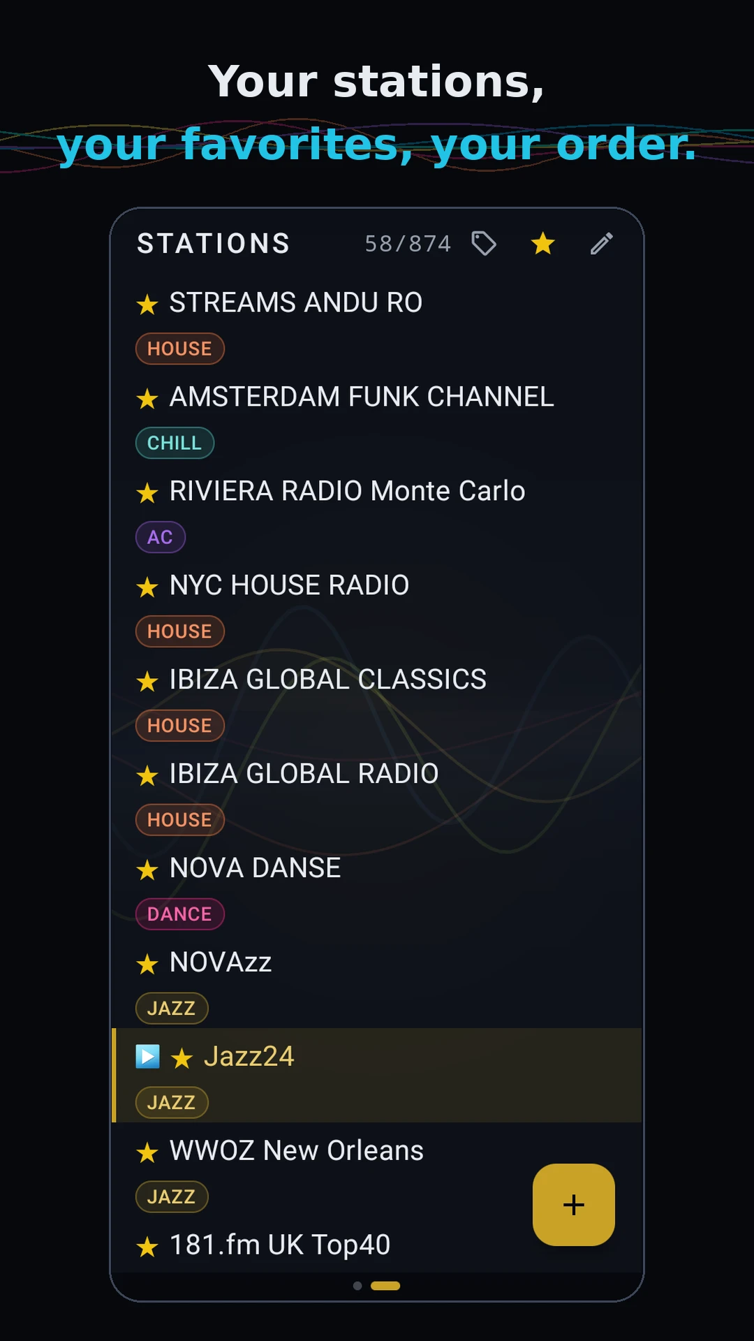 Station list with favorites and genre chips