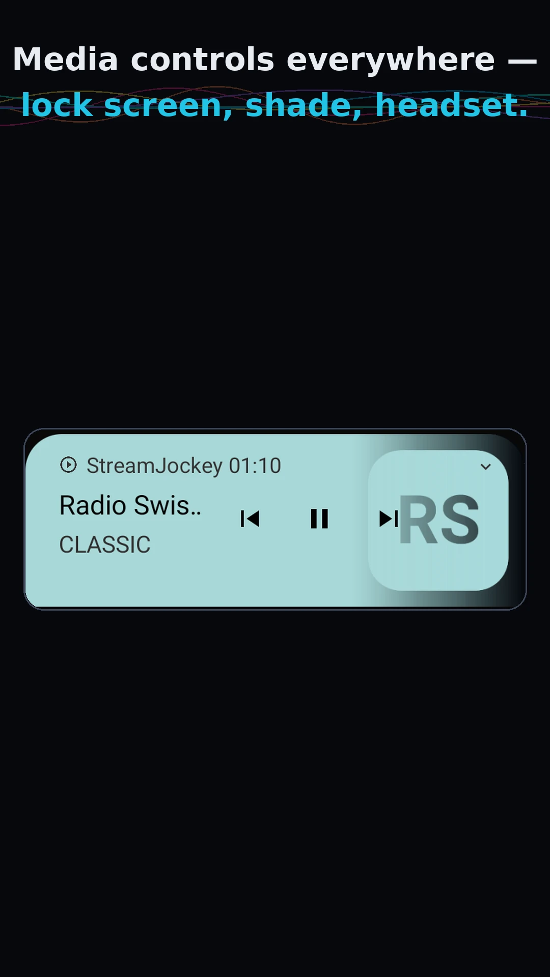 Media notification with genre-colored station artwork and full controls