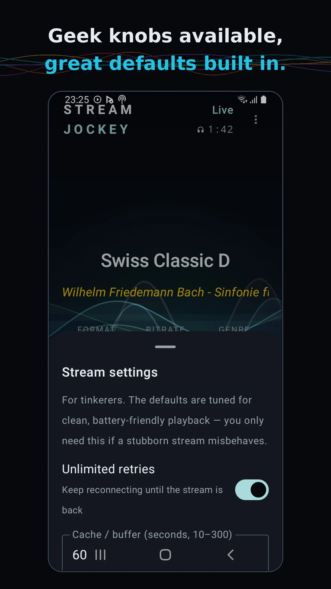 Stream settings panel with retries, buffers, timeout and user agent